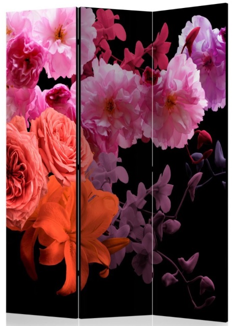 Paraván fialovoružová kvety na čierne 3 dielny gallery main image